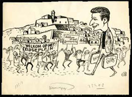 Vamos a Ibiza! Schrijver Harry Mulisch voelde zich net zo thuis op Ibiza als op het Leidseplein. Geen wonder: vele Nederlandse kunstenaars trokken vanaf eind jaren vijftig naar dit eiland. Deze cartoon verscheen in 1959 in Het Vrije Volk.